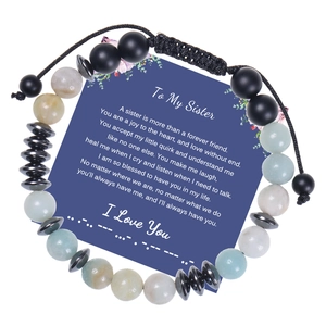 Adjustable Morse code bead bracelet for sisters with Amazonite stones and card packaging