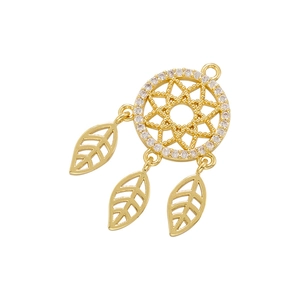 Golden dreamcatcher pendant with zircon inlay and three hollow leaf charms on white background