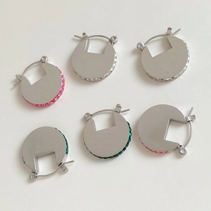 Minimalist silver stainless steel hoop earrings with colorful inlaid rhinestones