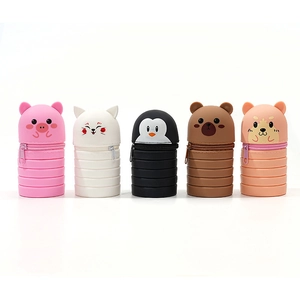 Foldable silicone pencil cases featuring five cute cartoon animal designs and colors