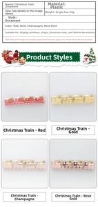 Detailed view of four-section mini train Christmas tree hanging ornaments in assorted metallic colors
