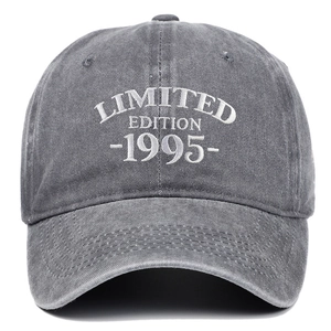 Close-up of Limited Edition 1995 white embroidery on washed grey cotton baseball cap
