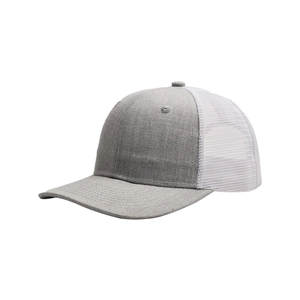 Side view of gray flat brim trucker hat with white mesh back for breathability