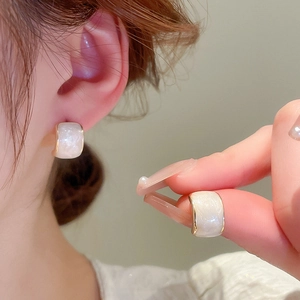 Chic candy-colored marble texture C-shape stud earrings with elegant gold metal trim