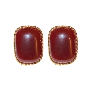 Retro deep red square stud earrings with gold-plated twisted rope borders on a white base