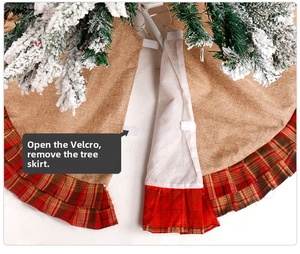 Linen Christmas tree skirt detail showing red plaid ruffles and Velcro closure