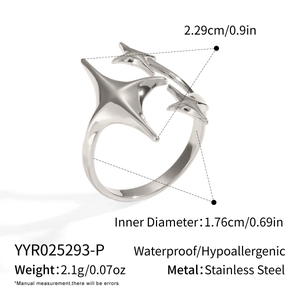 Detail view of waterproof stainless steel star ring with dimensions and specs