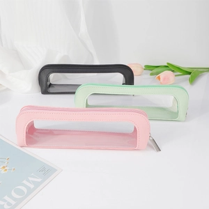 Detail view of large capacity PU pen cases with clear PVC windows and metal zippers
