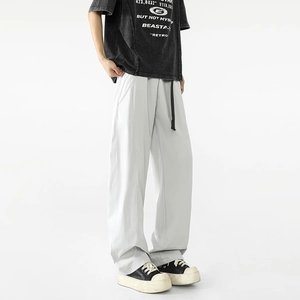Pantalones anchos gris claro para hombre con cordón y silueta recta minimalista