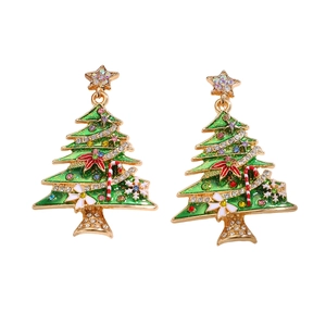 Sparkling Christmas tree earrings with green enamel, crystals and star topper for parties