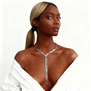 Silver Y-shaped layered snake chain sweater necklace with elegant metallic fringe details