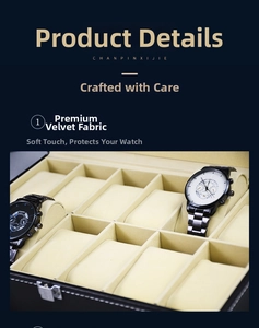 Detail of 10-slot watch box with premium velvet lining and soft pillows for protection