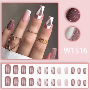 Pink gradient long square glitter press-on nails with heart motifs and 24-piece full set