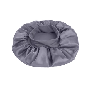 Detailed view of dust-purple satin sleep cap showing smooth silk texture and elastic band