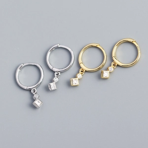 925 Sterling Silver Huggie Hoop Earrings With Square And Round Cubic Zirconia Geometric Pendant Jewelry For Women