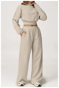 Detail of oatmeal hooded sweatshirt set with high-waist wide-leg pants for women