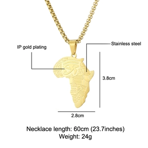 Gold stainless steel Africa map pendant with Horus eye and dimensions marking
