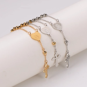 Stainless Steel Religious Rosary Bracelet With Heart Virgin Mary Medal And Cross Pendant Jewelry For Women Men