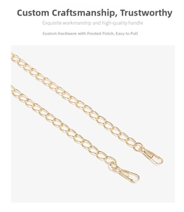Detail of custom hardware golden chain strap with matte finish and lobster clasps for bags