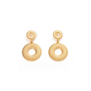 Golden double hoop earrings with spiral rope texture and minimalist vintage design