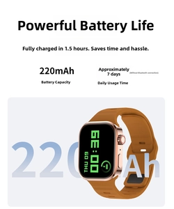 Detail of smart watch showing 220mAh battery capacity and orange silicone wave band