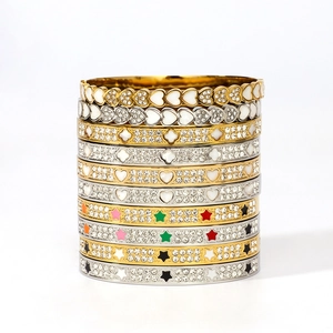 Luxury 18K gold plated stainless steel stacked bracelets with diamonds and shell inlays
