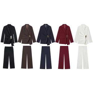 Comparison of five color variants of the belted blazer and straight-leg pants set