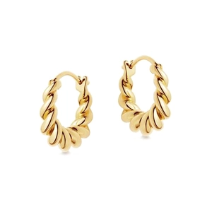 Elegant gold twisted hoop earrings with a textured rope design on a white background