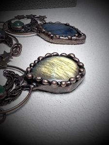 Handmade vintage labradorite pendant with moon star motif and copper beaded bezel setting