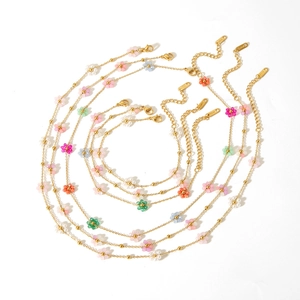 Minimalist 18K gold plated stainless steel bracelets with colorful flower beads set