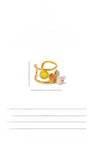 Detail view of gold titanium ring showing dimensions 2cm with colorful stones and pearl