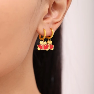 Golden Christmas bell bow earrings with red enamel for festive stainless steel jewelry set
