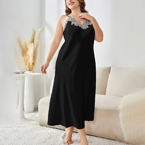 Elegant black silk nightgown with lace trim and V-neckline for high-quality loungewear
