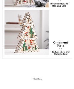 Detail of wooden Christmas tree ornament with glowing reindeer and snowman carvings