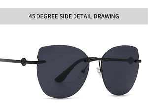45-degree side view of modern cat eye sunglasses with metal temples and black lenses