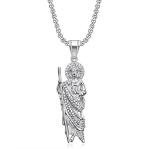 Silver 316L stainless steel St. Jude pendant necklace with sparkling clear crystals