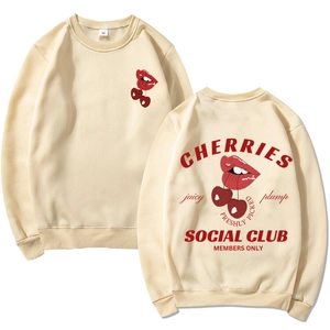 Beige Halloween crewneck sweatshirt with cherry social club print on front and back view