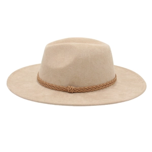 Detail of light beige faux suede fedora hat with brown braided band and knot decoration
