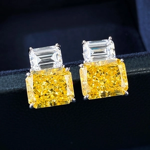 Luxury S925 sterling silver stud earrings with yellow and white radiant cut carbon diamonds