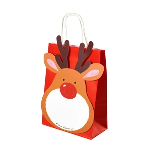 Red Christmas paper gift bag with 3D cartoon reindeer and Merry Christmas message