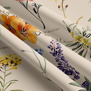 Floral tapestry wall hanging featuring California Poppy design on beige fabric background