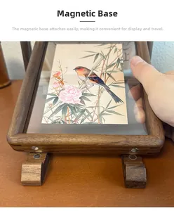 Close-up of walnut wood magnetic base frame showing the easy snap-on split structure