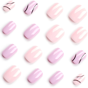 Short minimalist press-on nails set in lavender and pink with wave and glitter patterns
