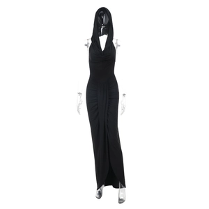 Detail view of the black hooded sleeveless maxi dress with a slim-fit backless design