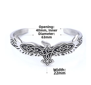 Detailed view of Viking eagle cuff bracelet with Celtic knots and 22mm width specs