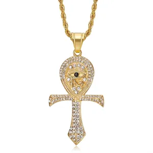 Iced out gold Ankh Cross necklace with Eye of Horus pendant and rope chain jewelry