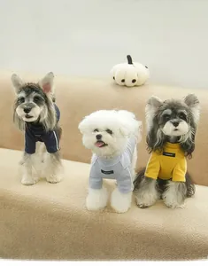 Trois petits chiens en pulls thermiques bleu marine, gris et jaunes sur un canapé