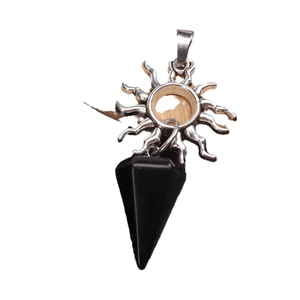 Colgante yoga sol plateado con péndulo de cono hexagonal en obsidiana negra pulida