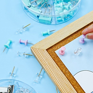 Colorful macaron binder clips and push pins set on corkboard with light blue background