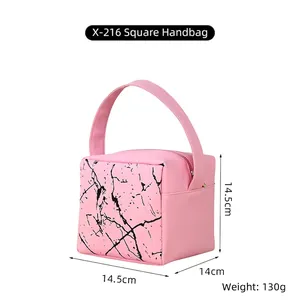 Pink marble pattern PU waterproof cosmetic bag size 14.5x14.5x14cm with zipper closure